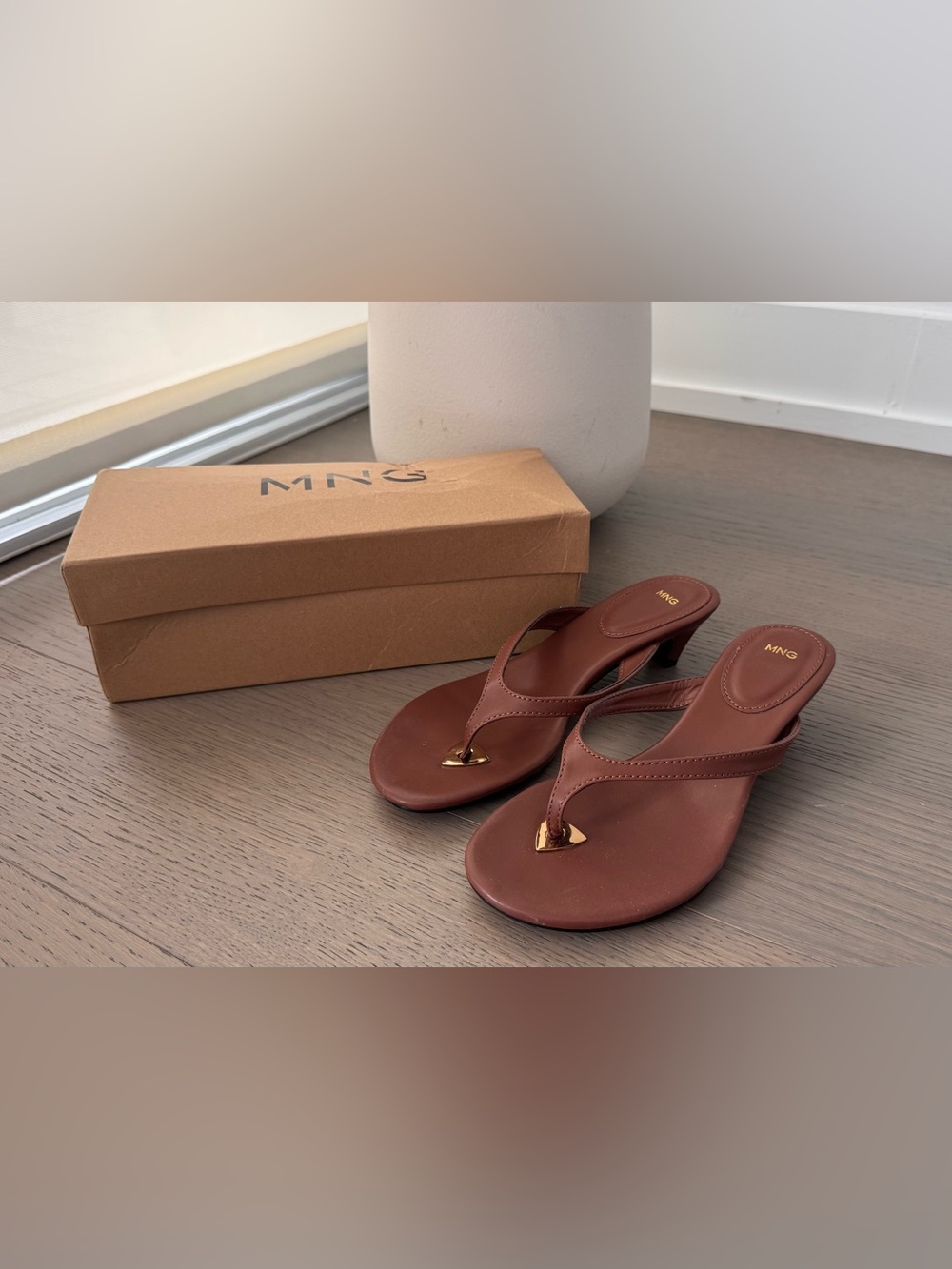 Mango Brown Leather Thong Heels with Gold Accent